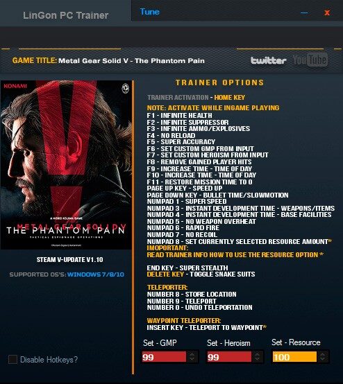 Metal Gear Solid V: The Phantom Pain — трейнер для версии 1.10 (+26) LinGon