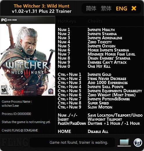 Ведьмак 3: Дикая охота — трейнер для версии 1.31 (+22) FliNG